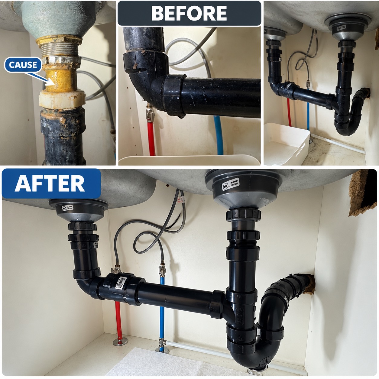 Before and after comparison of kitchen sink drain connections
